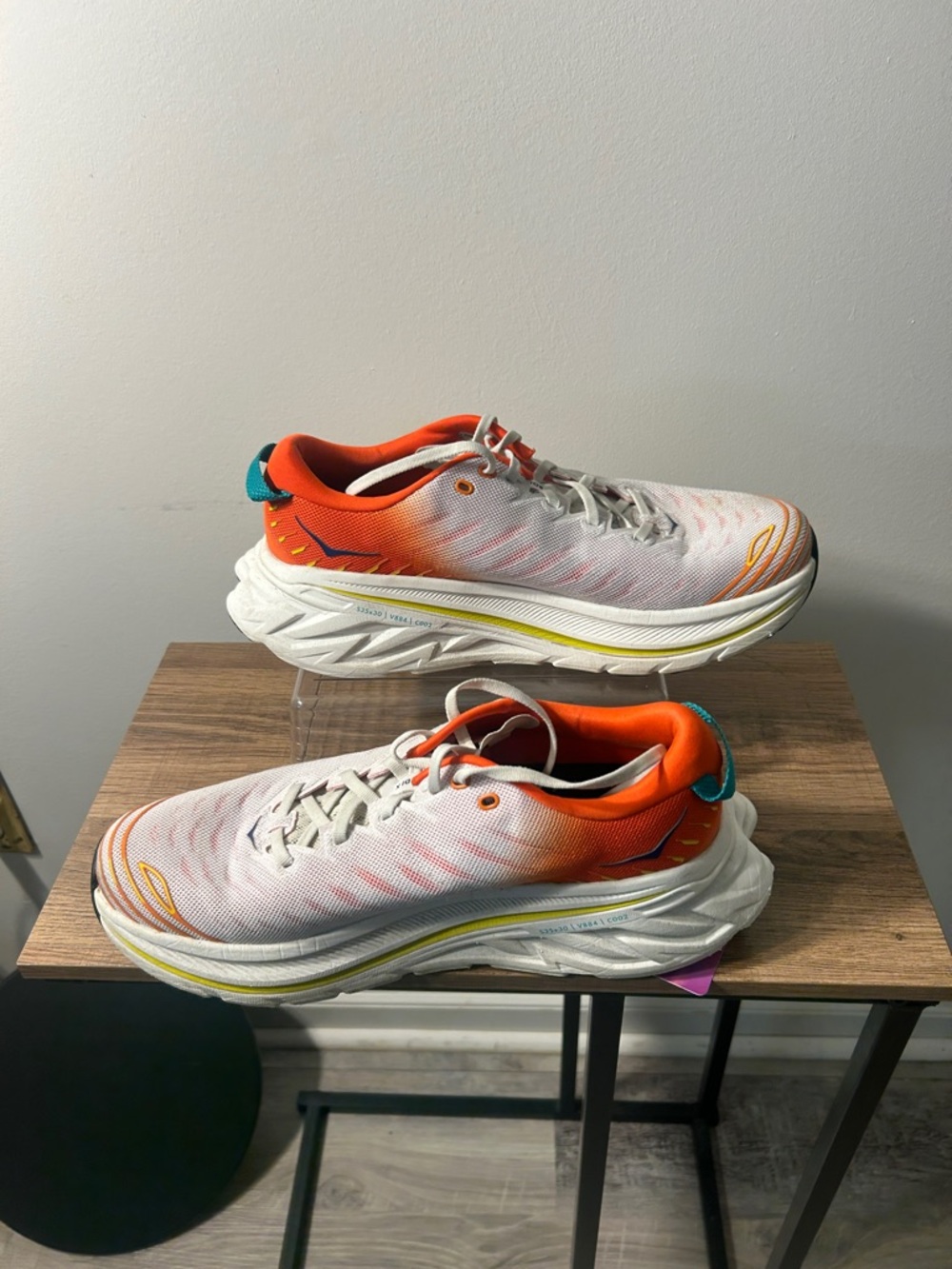 Hoka White Shoes with Orange Lining and Blue Logo - Picture 2 of 8